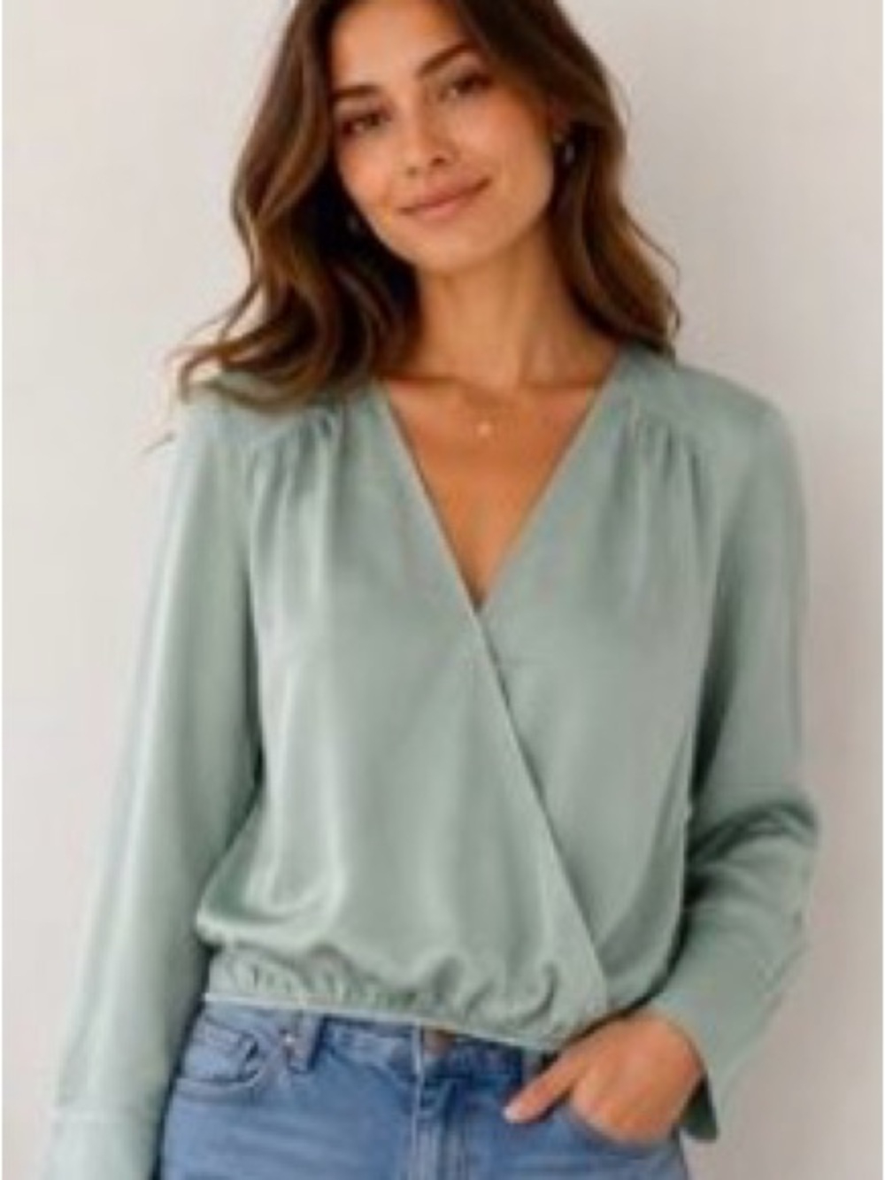 NWOT a new day Sage Green Satin Wrap-Front Blouse
